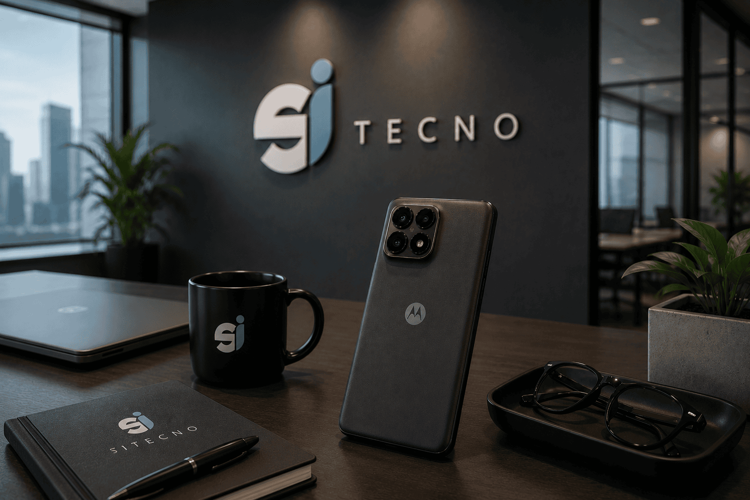 Oficina corporativa de Sitecno con un smartphone Motorola sobre un escritorio moderno y el logo de Sitecno en la pared, representando soluciones de tecnología para empresas. Políticas de Privacidad y Protección de Datos Personales