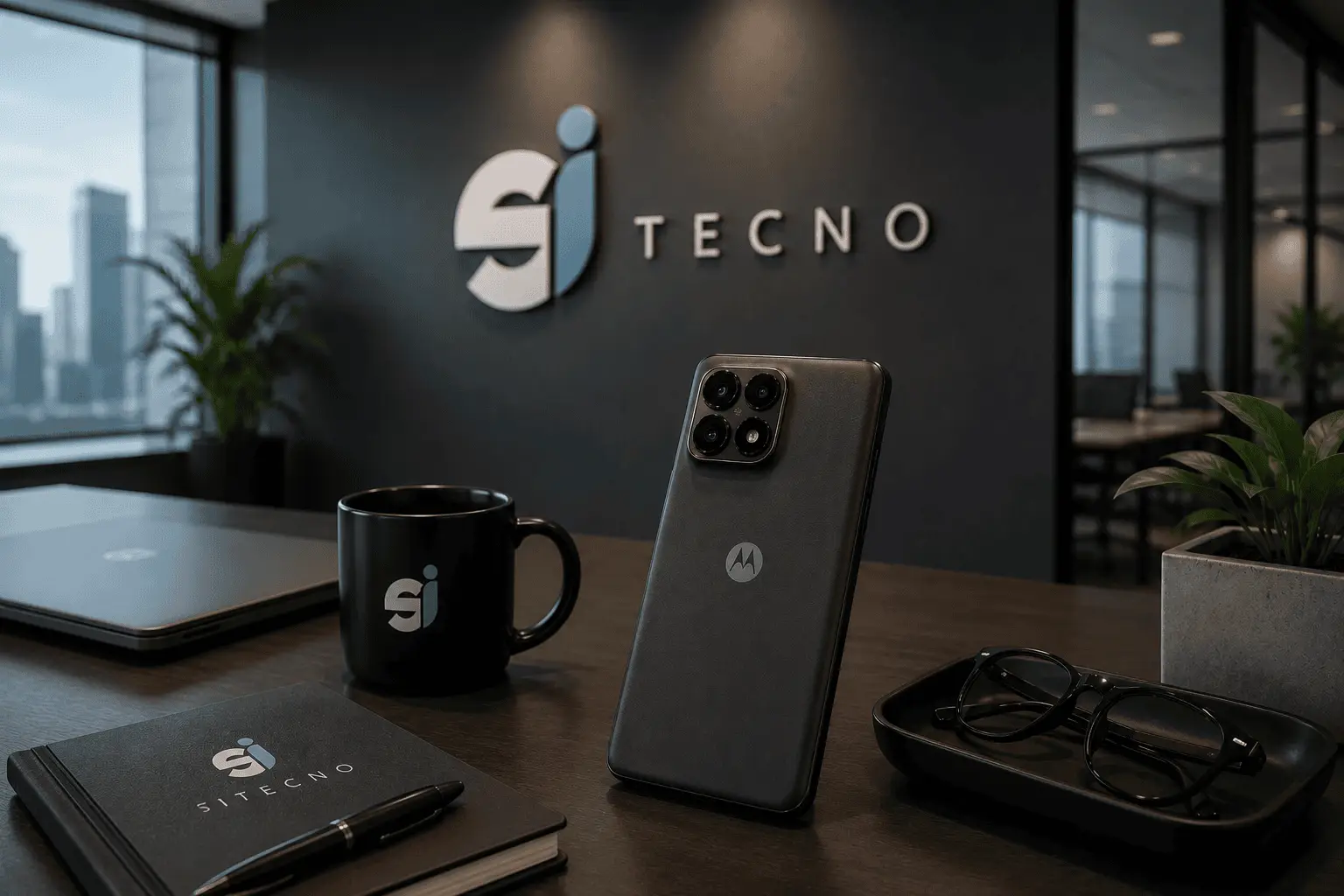 Oficina corporativa de Sitecno con un smartphone Motorola sobre un escritorio moderno y el logo de Sitecno en la pared, representando soluciones de tecnología para empresas. Políticas de Privacidad y Protección de Datos Personales